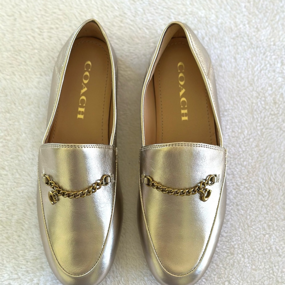 Coach Gold Metallic Flats with Chain Embellishment